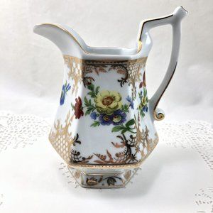 Royal Danube Vintage Floral Gold Ceramic Pitcher with Handle Vase Collectible 